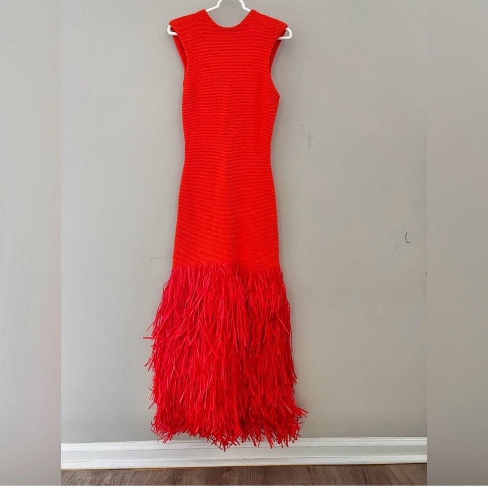 SUPER RARE Aje Raffia Trimmed Ribbed Stretch Knit Midi Dress Orange Size XXS. - Picture 6 of 12